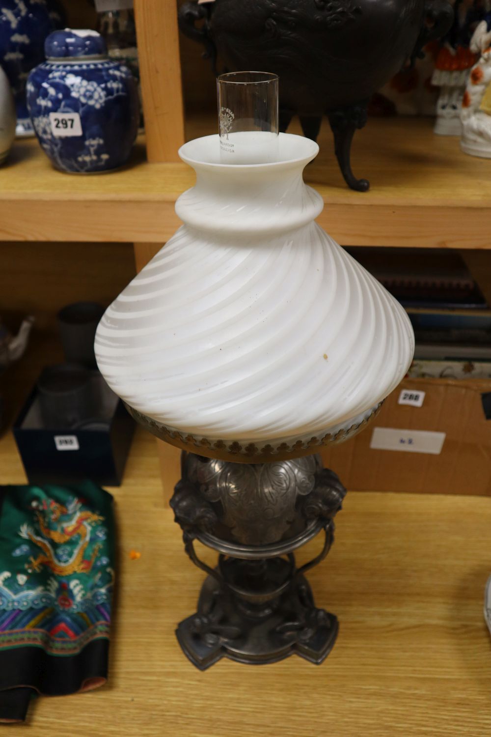 A Victorian Hinks silver plated oil lamp, shade and chimney